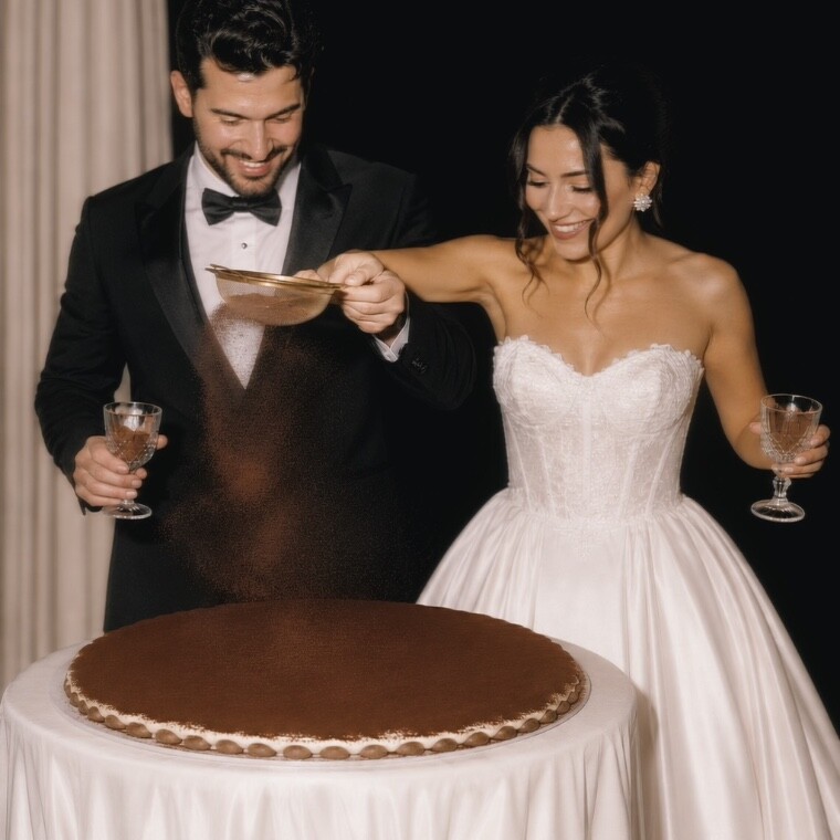 Bride and groom taking part in a live tiramisu experience, dusting cocoa over a bespoke wedding tiramisu cake. An elegant Italian-inspired wedding dessert alternative and memorable reception cake