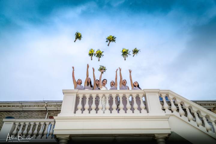 Bridesmaids on the stone staircase