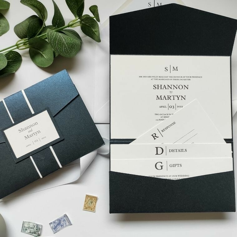Not a fan of florals? We offer stylish black and white invitations in various designs. This is our Shannon design which is a best seller of ours!