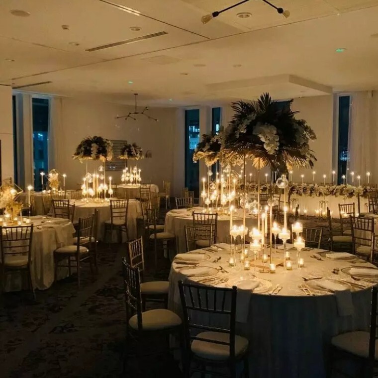 A wedding breakfast setup, in our voco Manchester hotel Portland heights suites