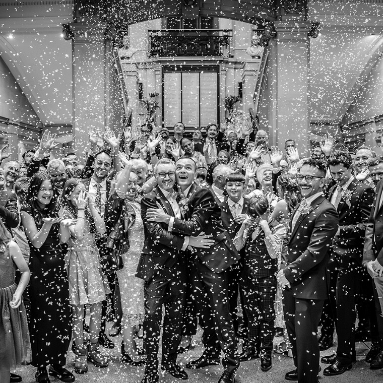 gay, queer, wedding, grooms, confetti, black and white, happy, gay