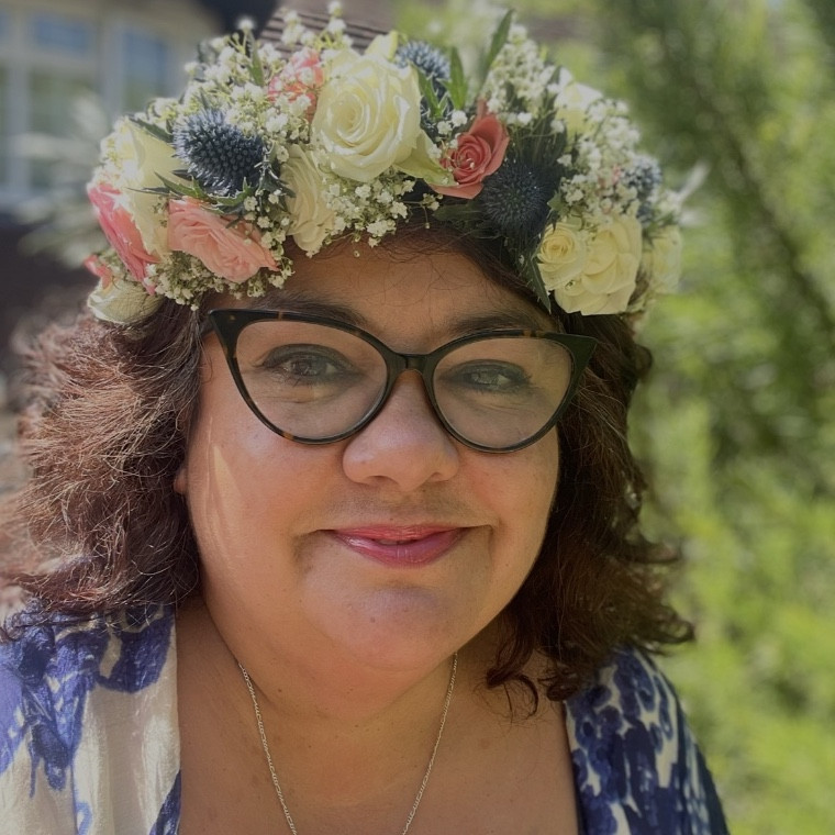 Charlotte the Celebrant, Independent wedding celebrant in Sussex, wearing a flower crown