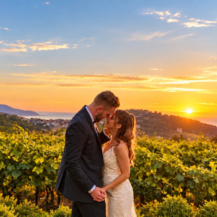 Bride and groom at sunset at Castore Sorrento, a panoramic wedding venue in Sorrento, Italy.