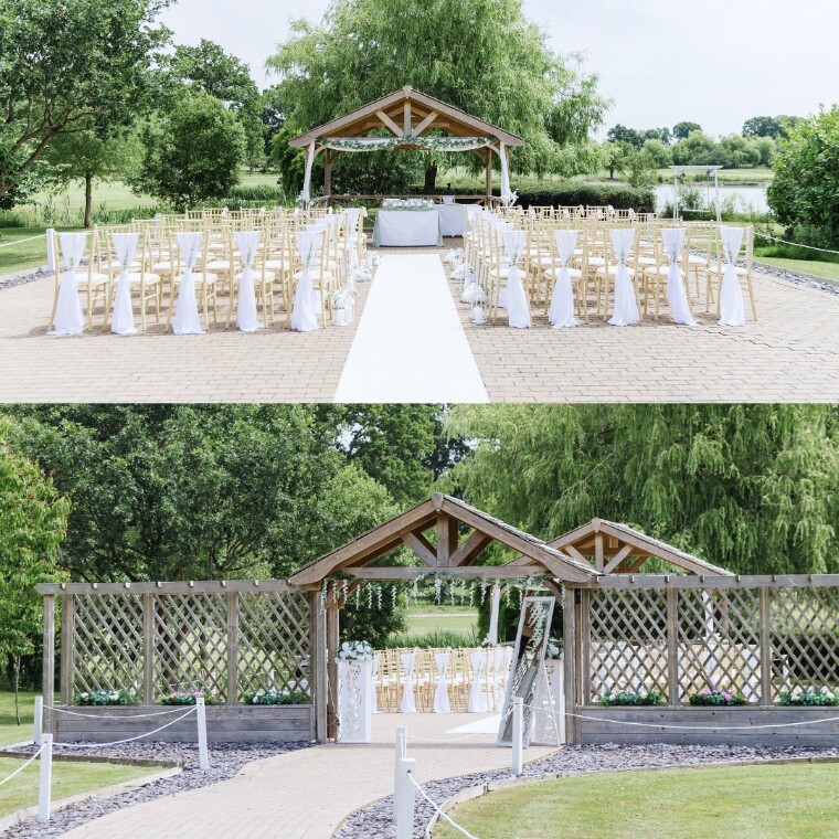 Our Outdoor Ceremony Space with a lake and fountain background 