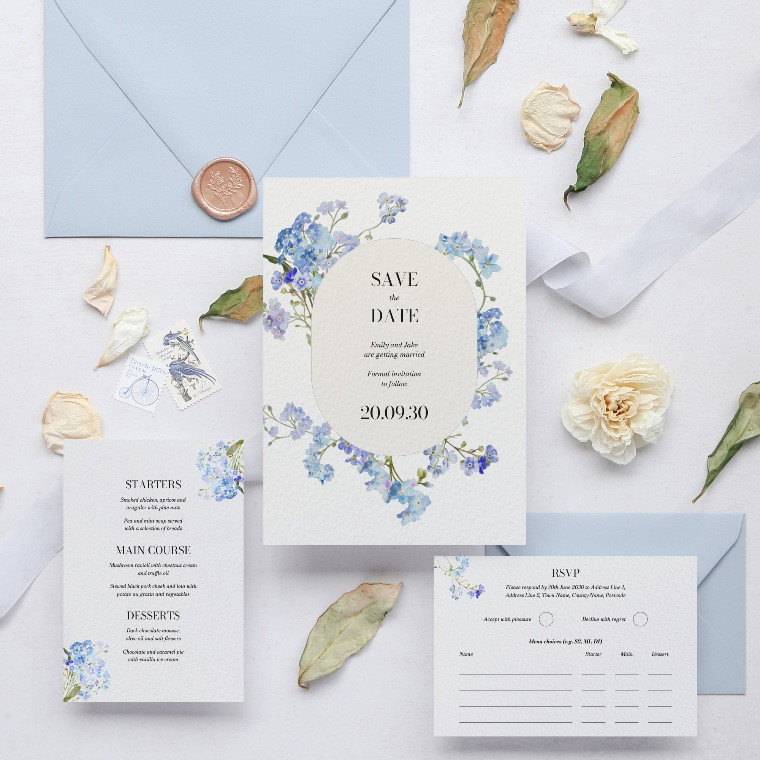 Forget me not themed wedding save the date card with light blue envelope
