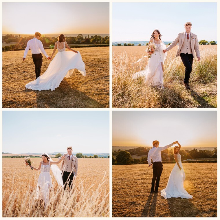 Bride and groom enjoying relaxed wedding portraits in a countryside field, captured in daylight and golden hour in the Cotswolds.