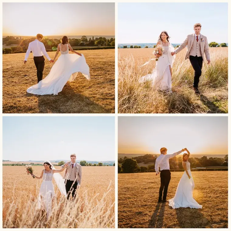 Bride and groom enjoying relaxed wedding portraits in a countryside field, captured in daylight and golden hour in the Cotswolds.