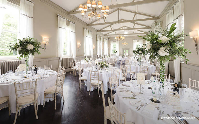 The beautiful Mulberry room set up for a wedding reception at Morden Hall in London
