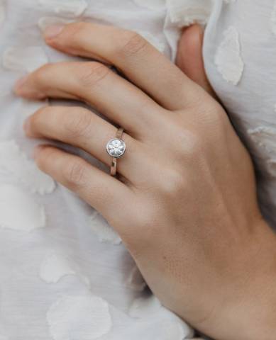 Full bezel setting, the Lana ring created by Ethica Diamonds in Cornwall