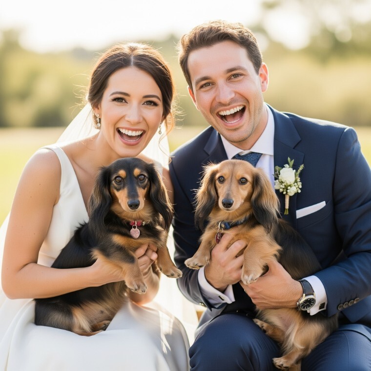 bride and groom holding their pets on their wedding day