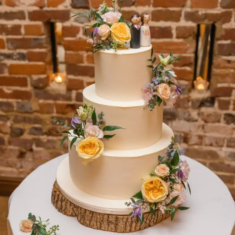 Smooth buttercream frosted cake with fresh flowers