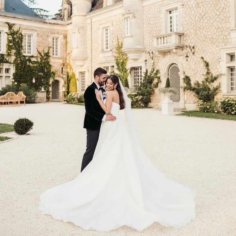 Bride and Groom in front of Chateau de la Couronne Wedding Venue taken by Sam Rundle Photography