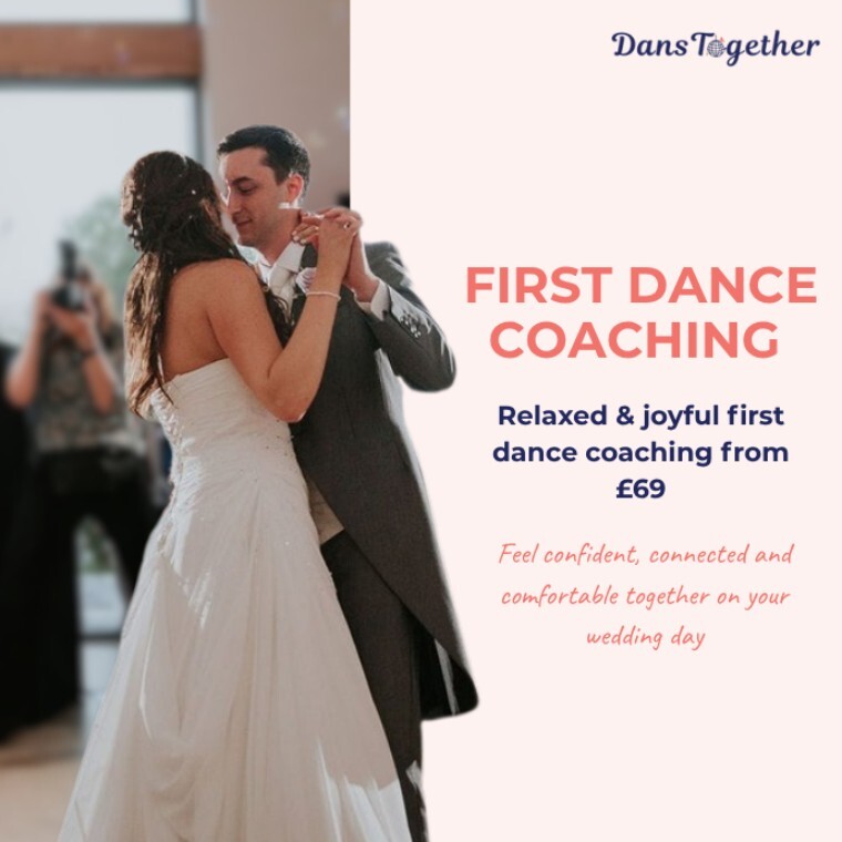 Bride and groom sharing their wedding first dance. Promotional graphic for DansTogether first dance coaching, offering relaxed and joyful wedding dance lessons from £69.