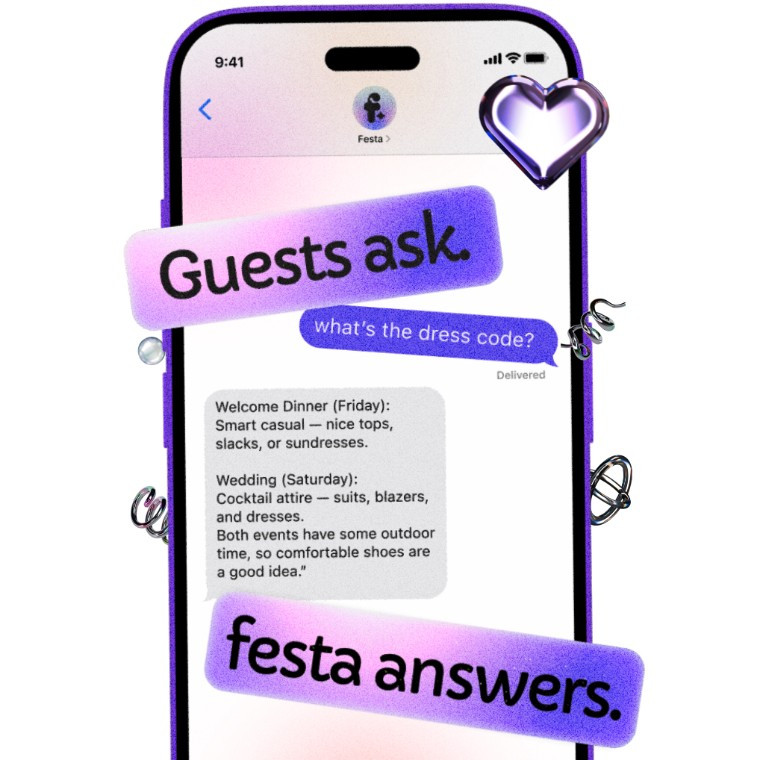 Smartphone displaying Festa AI wedding coordinator answering a guest’s dress code question, helping wedding guests access useful information about the celebration.