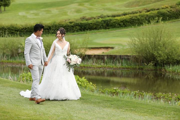 Wedding couple at the lake, Surrey National Golf Club wedding venue