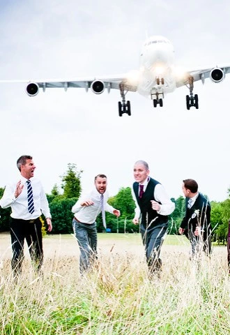 Aircraft over wedding guests, wedding photographer Oxfordshire