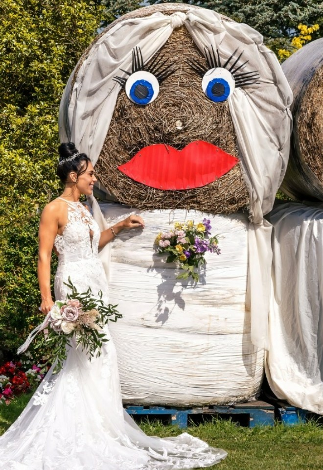 hay bales of brides at heaton house farm weddings macclesfield